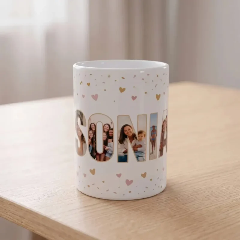 Taza personalizada con fotos dentro de las letras del nombre