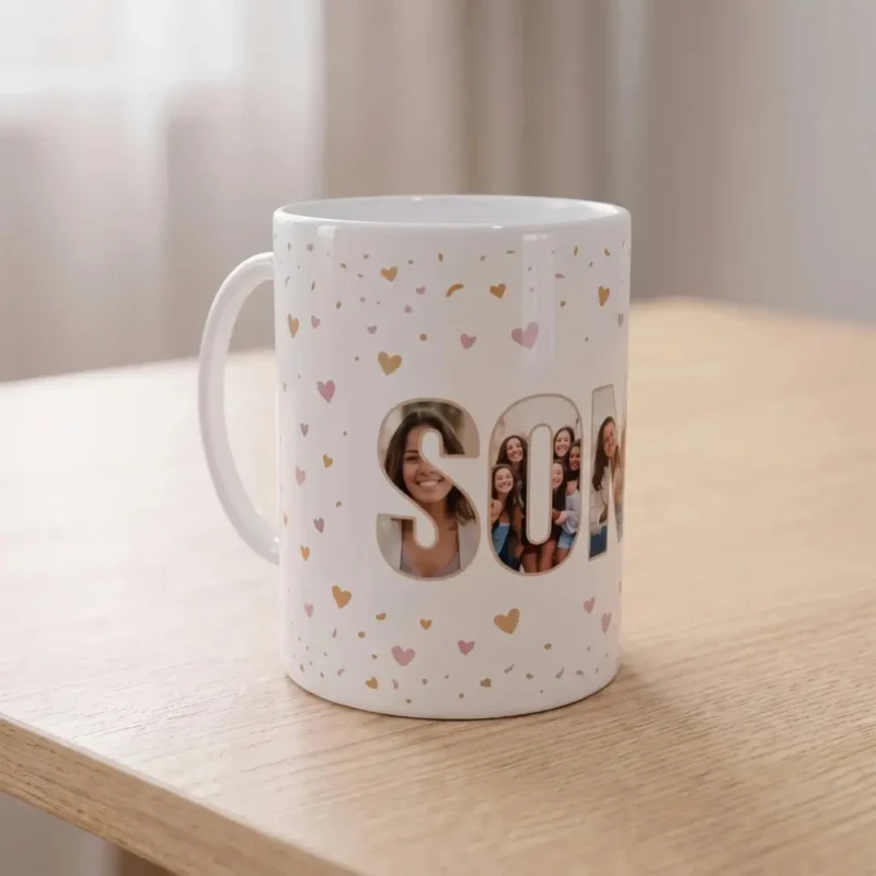 Taza con nombre personalizado y collage de fotos familiares