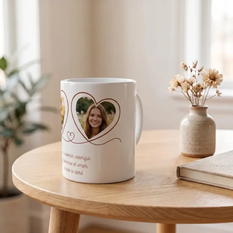 Taza con corazones personalizada de lado con asa en una mesa