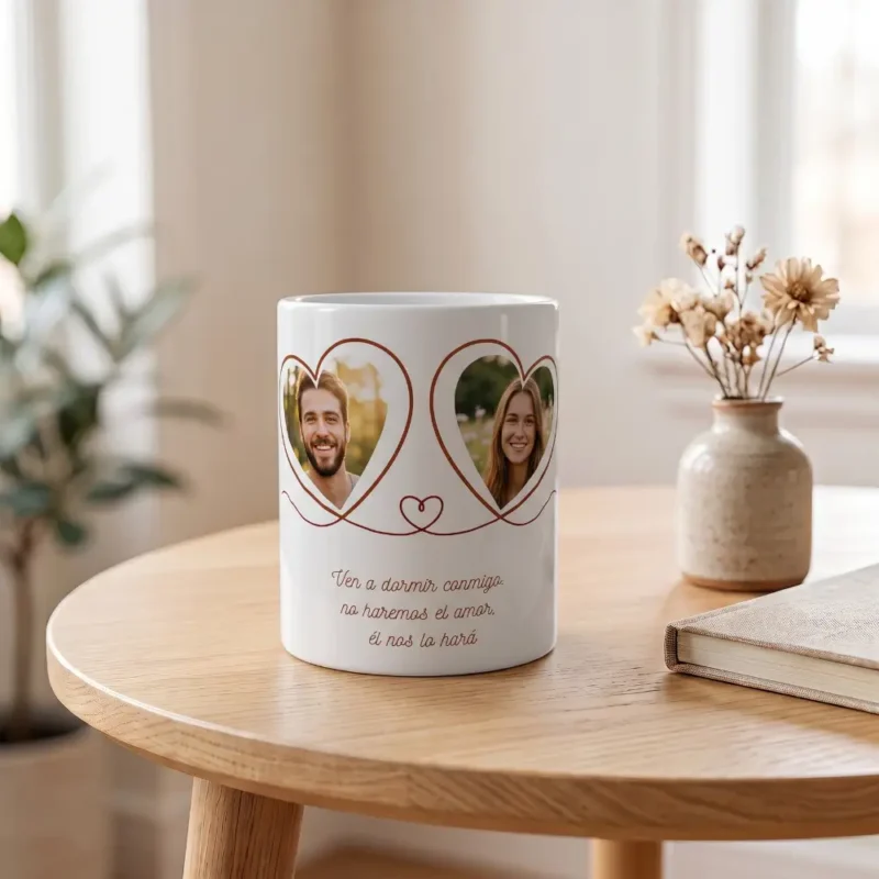Tazas personalizadas con foto y frase emotiva de pareja en mesa
