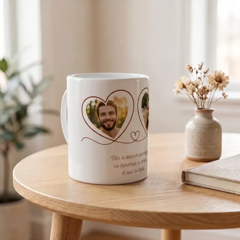 taza con fotos y frase para pareja con diseño de corazones y frase romántica.